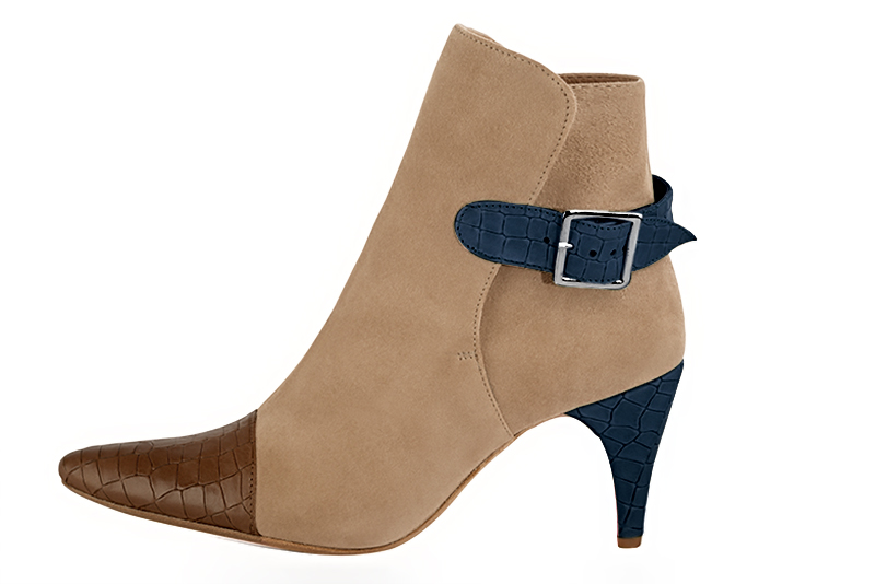 Caramel brown, tan beige and denim blue women's ankle boots with buckles at the back. Tapered toe. High slim heel. Profile view - Florence KOOIJMAN